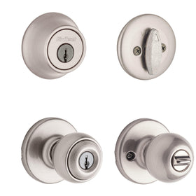 Kwikset Polo entry knob satin nickel with keyed security for exterior doors.