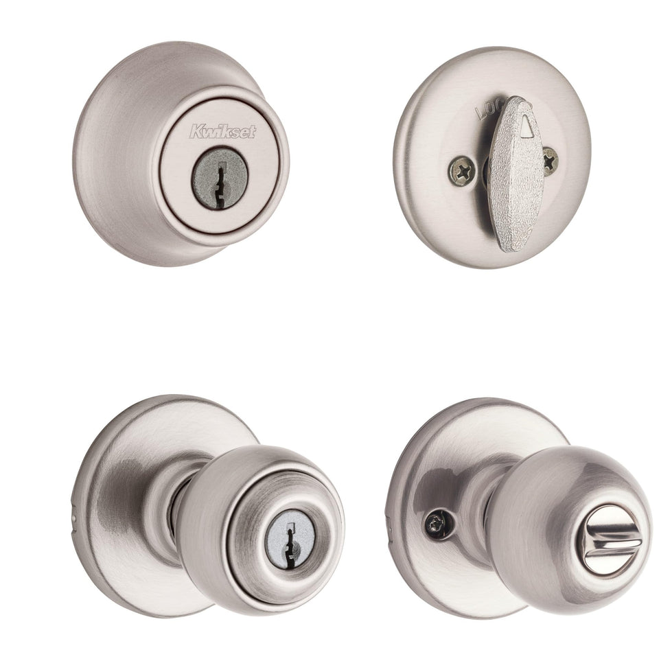 Kwikset Polo entry knob satin nickel with keyed security for exterior doors.