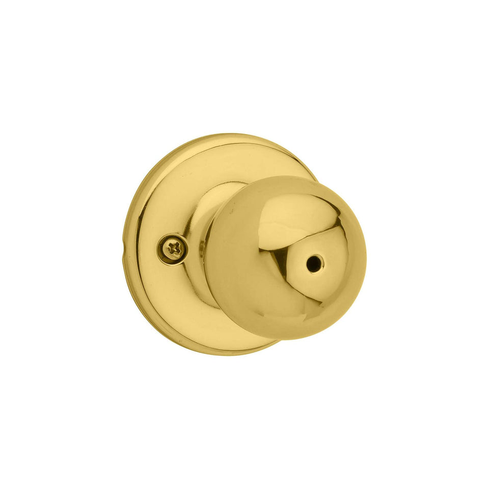 Kwikset Polo interior privacy doorknob in polished brass for bedrooms and baths with easy privacy control.