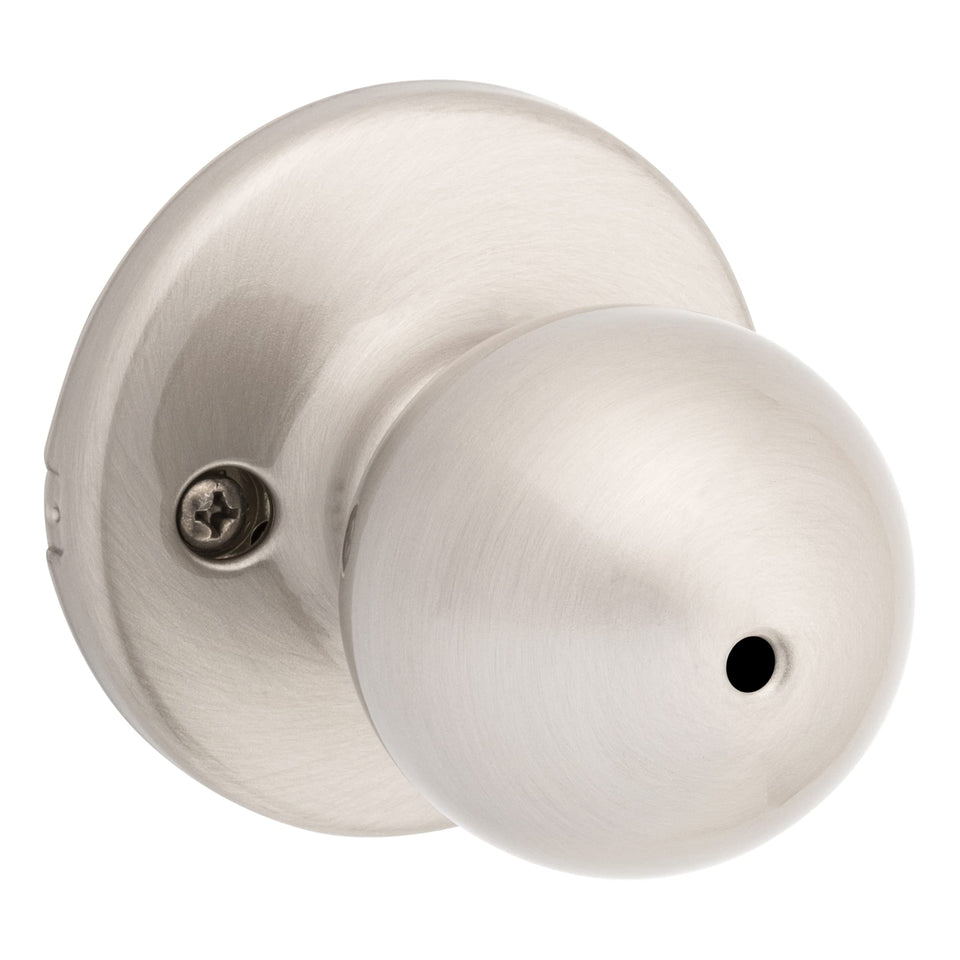 Kwikset Polo interior privacy knob front view with satin nickel finish, modern interior appeal.