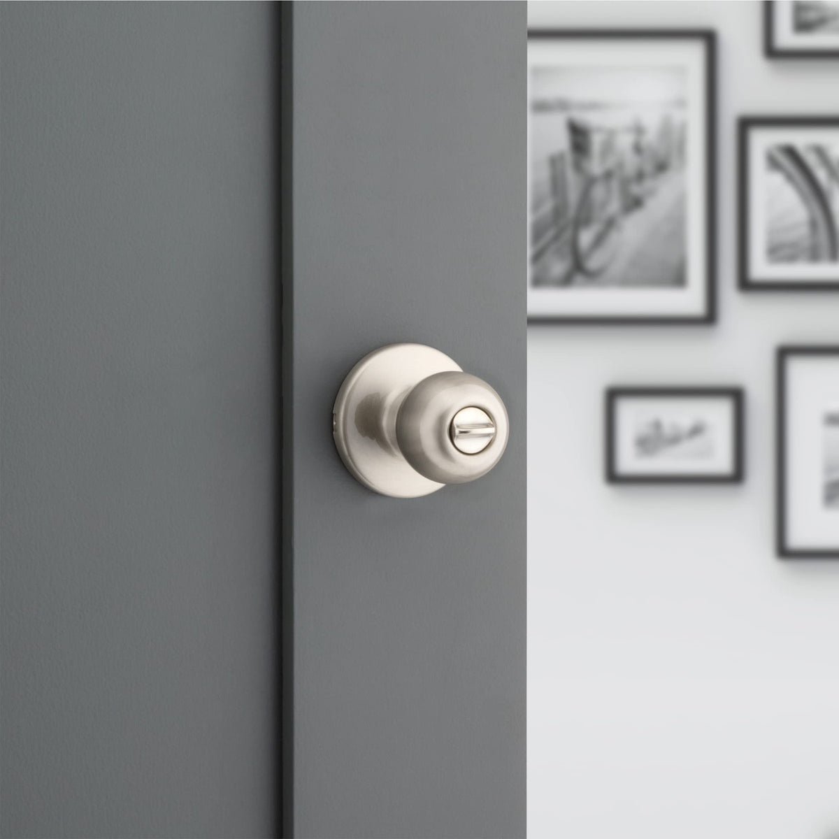 Kwikset Polo satin nickel finish close-up enhances contemporary decor.