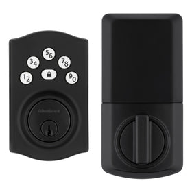 Kwikset Powerbolt 240 front view in matte black with keypad for easy access.