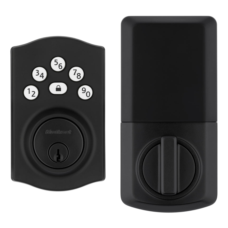 Kwikset Powerbolt 240 front view in matte black with keypad for easy access.