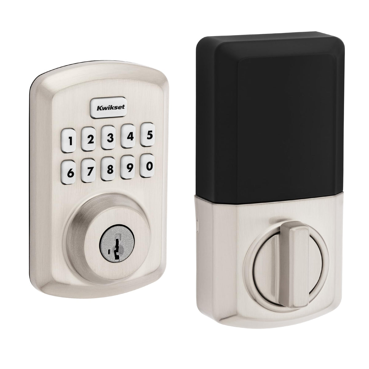 Kwikset Powerbolt 250 lock face in satin nickel, secure entry.