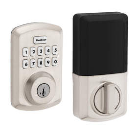 Kwikset Powerbolt 250 lock face in satin nickel, secure entry.
