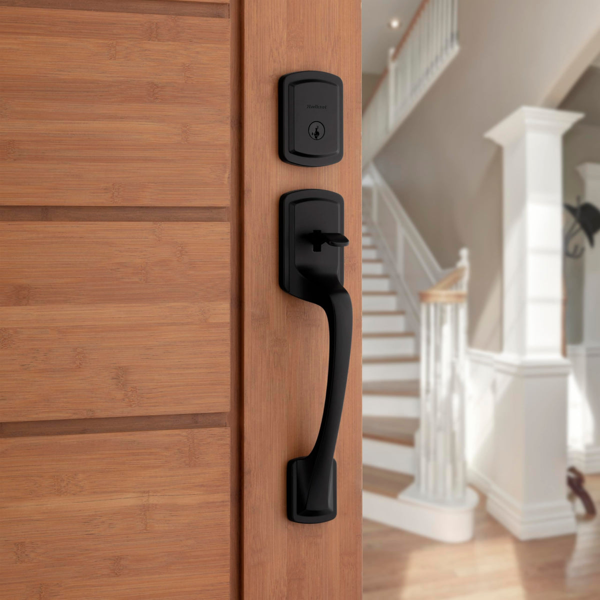Kwikset Prague deadbolt outside keyhole showing secure entry access
