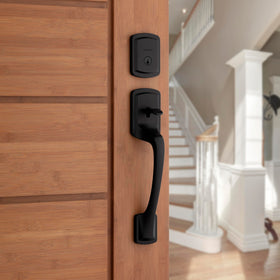 Kwikset Prague deadbolt outside keyhole showing secure entry access