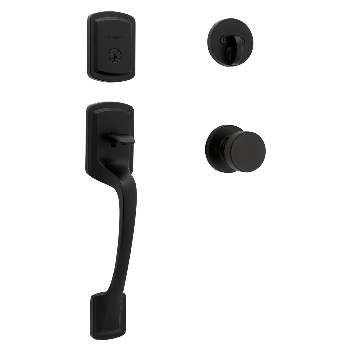 Kwikset Prague handleset on exterior door with modern matte black finish for curb appeal and security