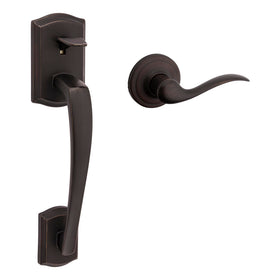 Kwikset Prescott exterior front door handle in Venetian Bronze for curb appeal and secure entry