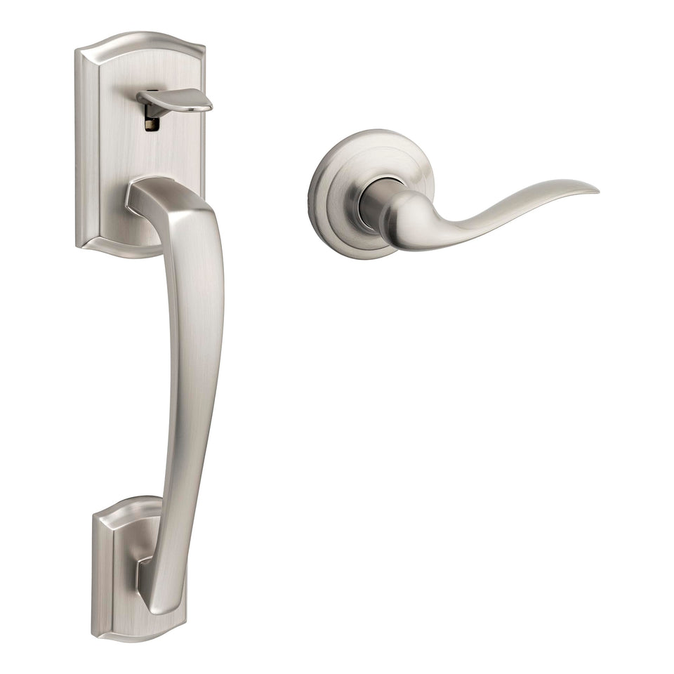 Kwikset Prescott handleset on front door enhances curb appeal and security.