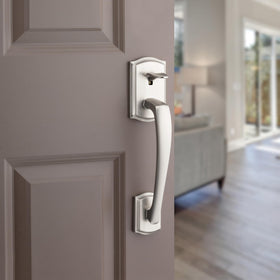 Interior lever on Prescott shows reversible handed design for flexible installation.