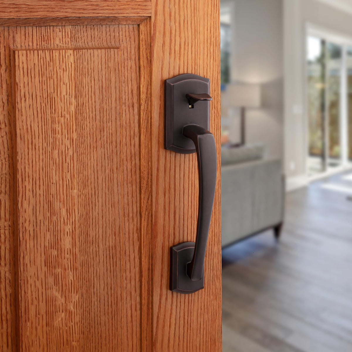 Kwikset Prescott interior lever in Venetian Bronze with reversible handed operation