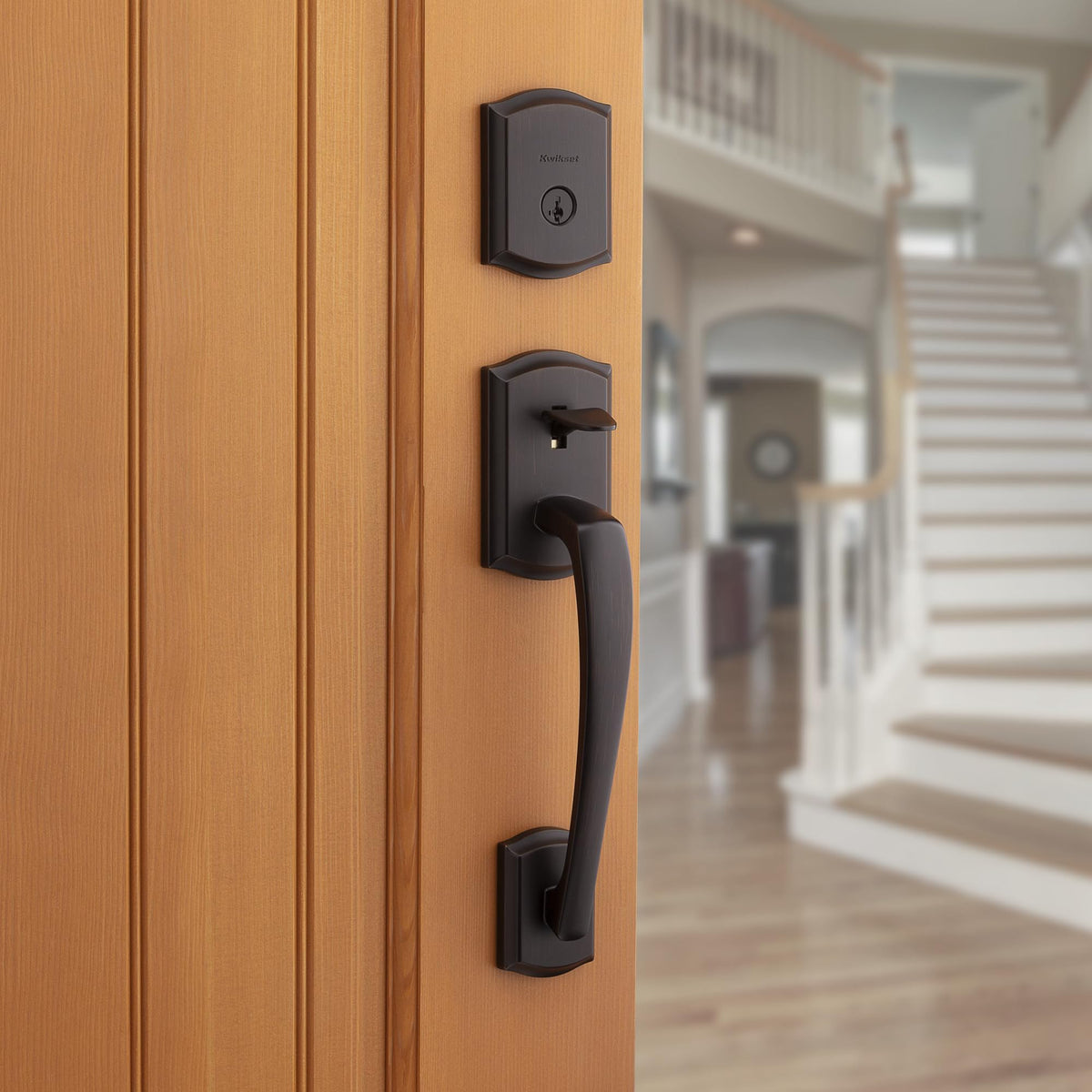 Kwikset Prescott interior reversible lever enables easy hand orientation for any door