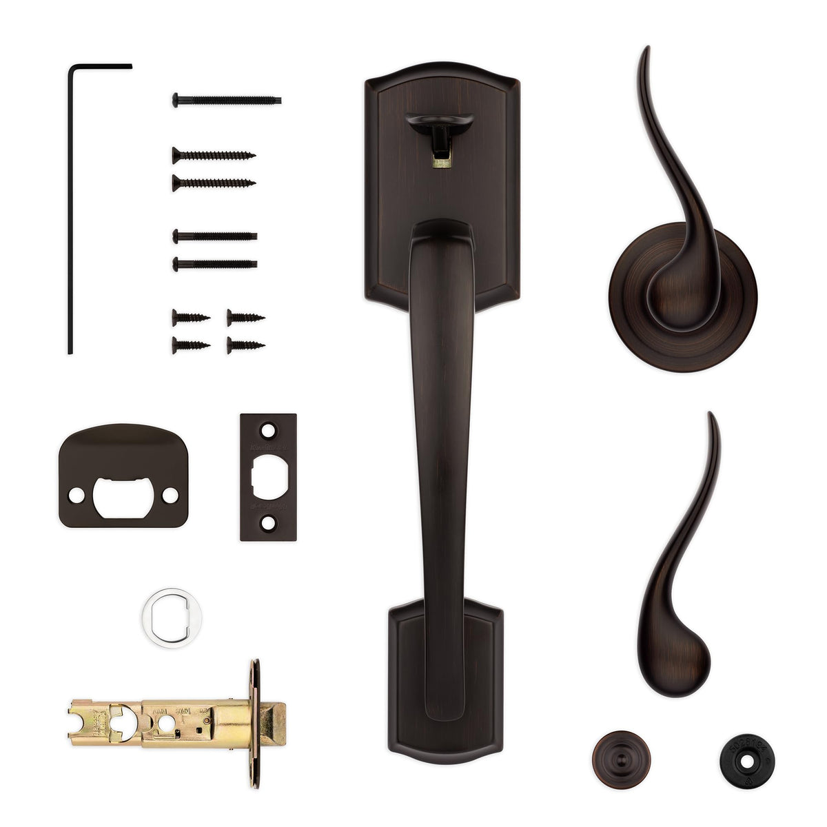 Kwikset Prescott strike plate in Venetian Bronze complements traditional design