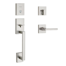 Kwikset San Clemente exterior lock with handleset and deadbolt for secure entry.