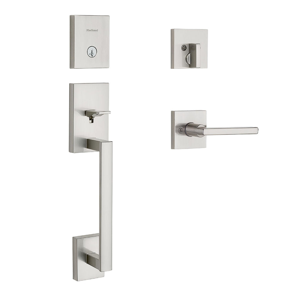 Kwikset San Clemente exterior lock with handleset and deadbolt for secure entry.
