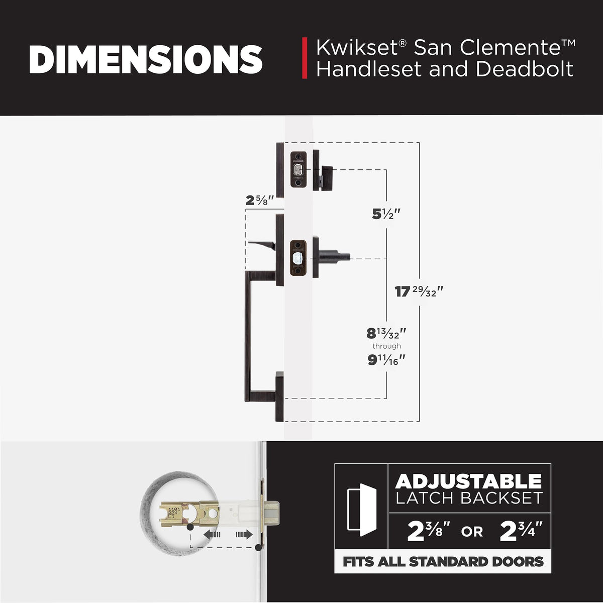 Kwikset San Clemente fits standard doors 1-3/8 to 1-3/4 inches