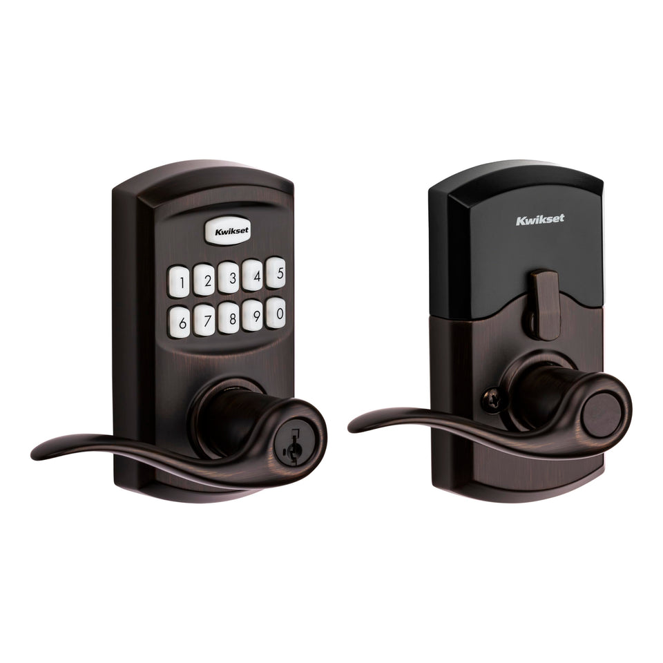 Kwikset SmartCode 917 keypad entry illuminated for easy nighttime access.