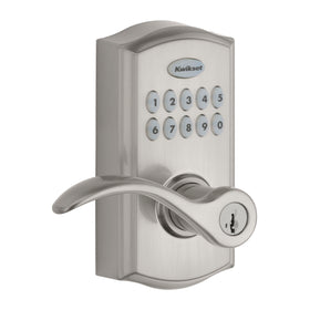 Kwikset SmartCode 955 Pembroke satin nickel finish on a professional door