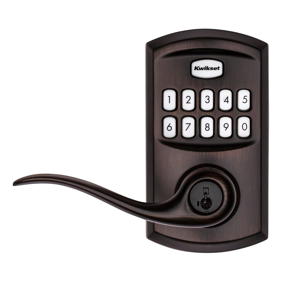 Kwikset Tustin door lever in Venetian Bronze adds stylish durability.