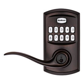 Kwikset Tustin door lever in Venetian Bronze adds stylish durability.