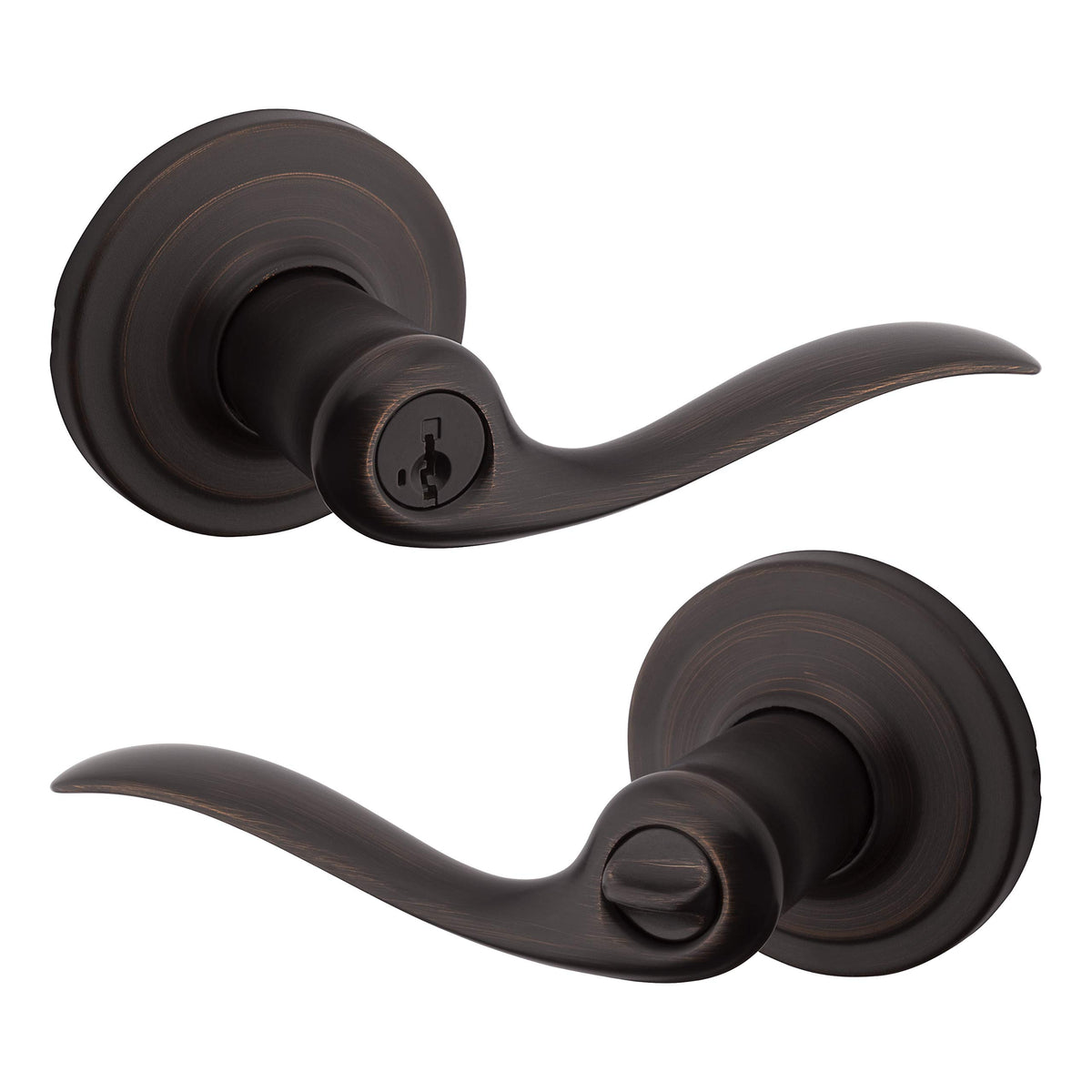 Kwikset Tustin entry handle with keyed lever in Venetian Bronze for exterior security.