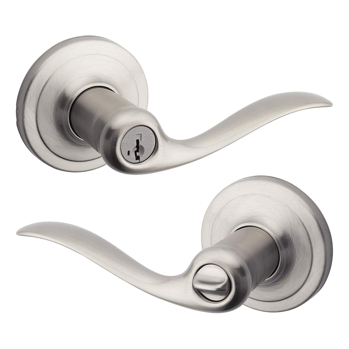 Kwikset Tustin exterior keyed entry lever in satin nickel for secure front door access.