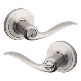 Kwikset Tustin exterior keyed entry lever in satin nickel for secure front door access.