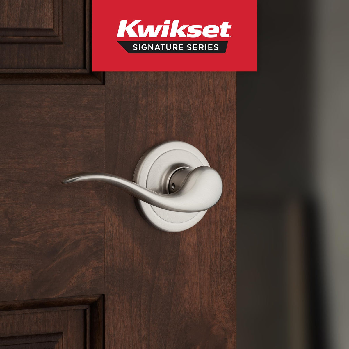 Kwikset Tustin interior passage lever installed on a standard door