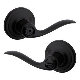 Kwikset Tustin lever, matte black, front view showing sleek curves for modern living spaces