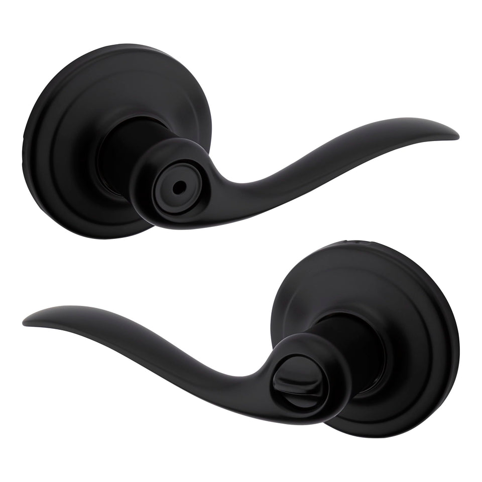 Kwikset Tustin lever, matte black, front view showing sleek curves for modern living spaces