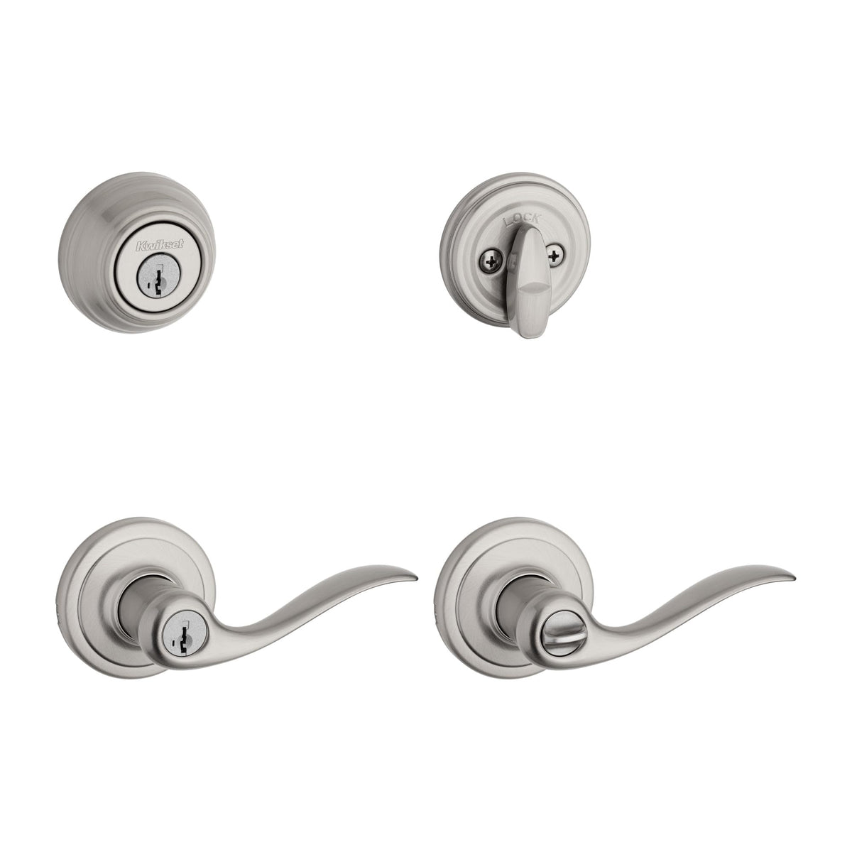 Kwikset Tustin satin nickel lever close-up highlighting smooth wave design for comfortable entry.