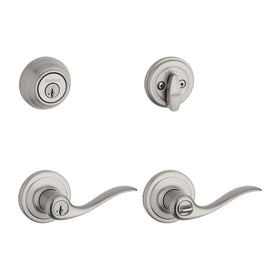 Kwikset Tustin satin nickel lever close-up highlighting smooth wave design for comfortable entry.