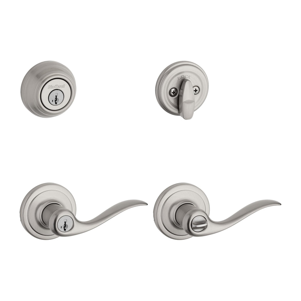 Kwikset Tustin satin nickel lever close-up highlighting smooth wave design for comfortable entry.