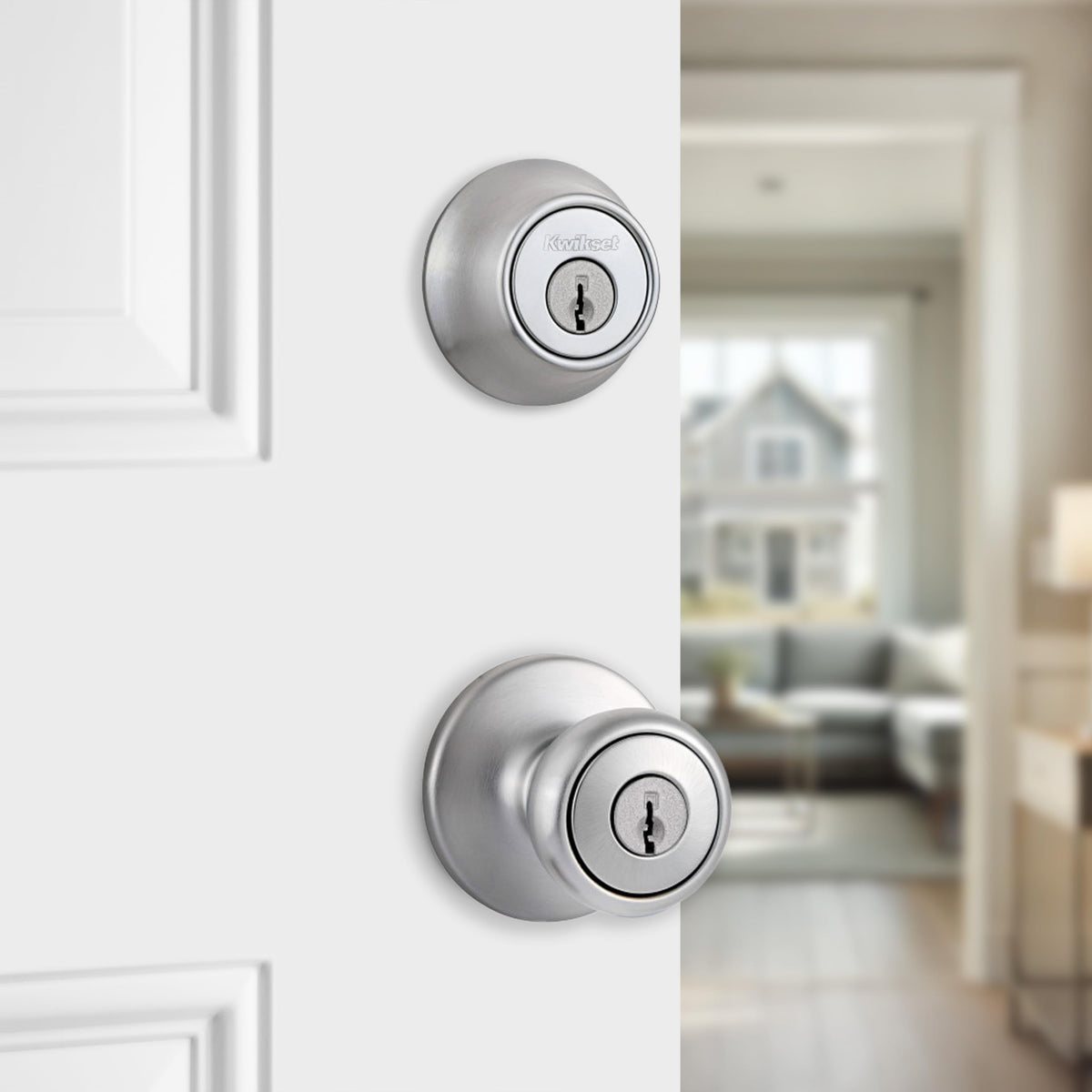 Kwikset Tylo deadbolt with SmartKey, quick rekeying option for family safety.
