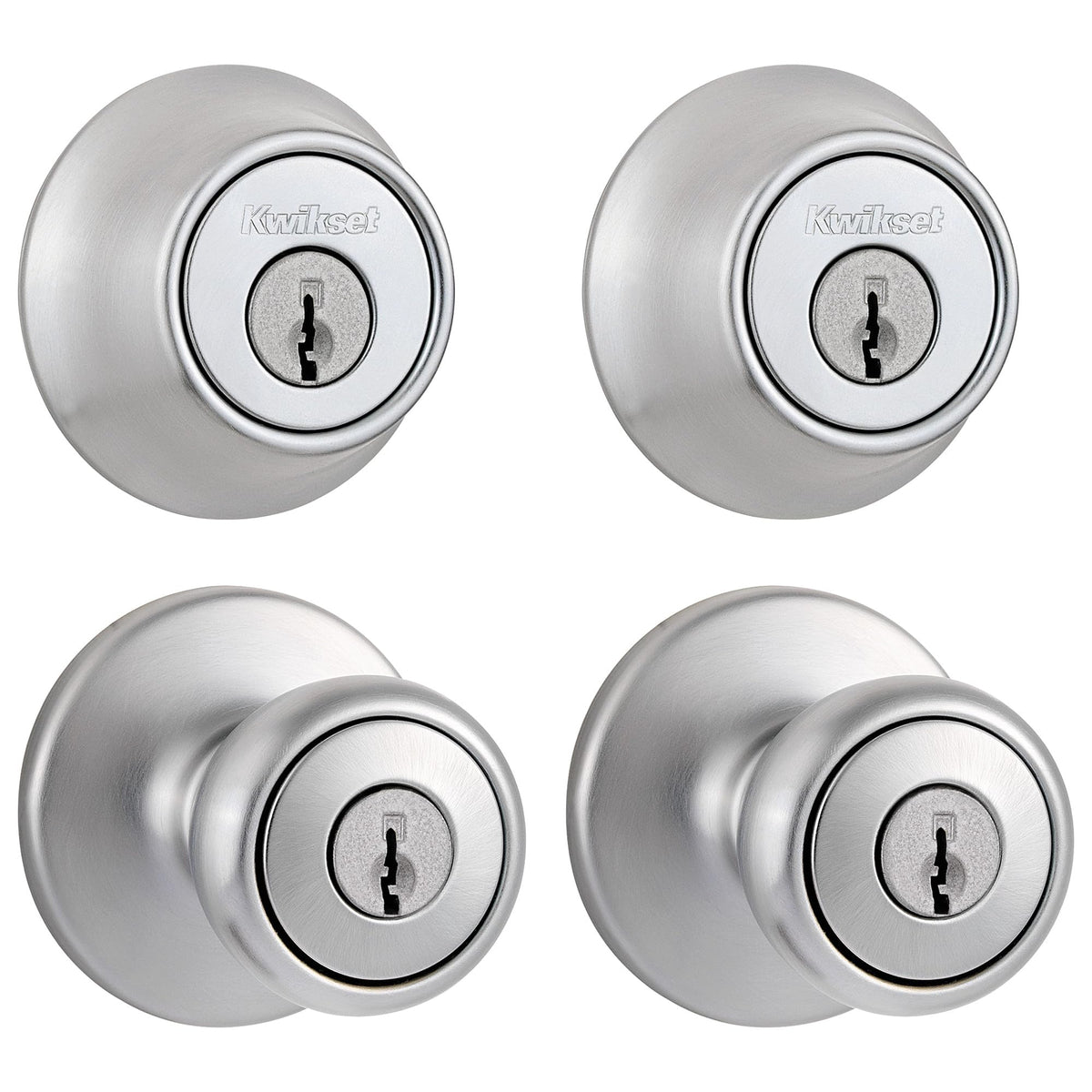 Kwikset Tylo front door knob close-up showing satin chrome finish for modern security.