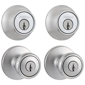 Kwikset Tylo front door knob close-up showing satin chrome finish for modern security.