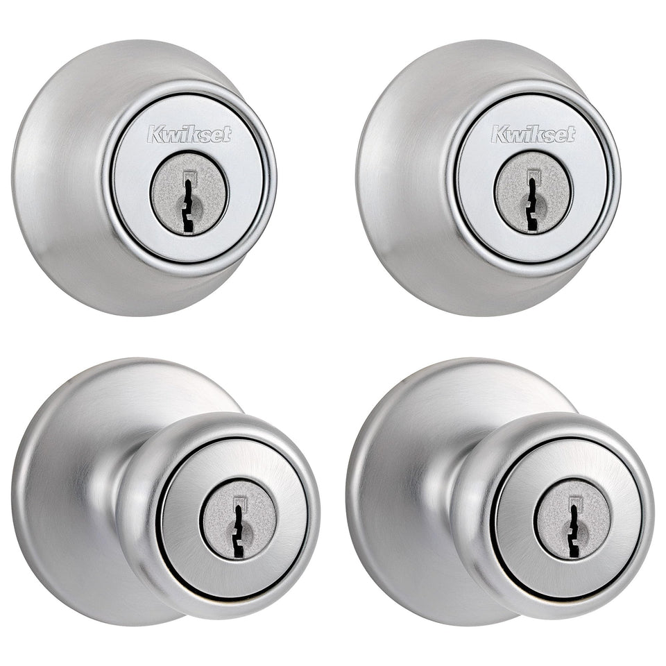 Kwikset Tylo front door knob close-up showing satin chrome finish for modern security.