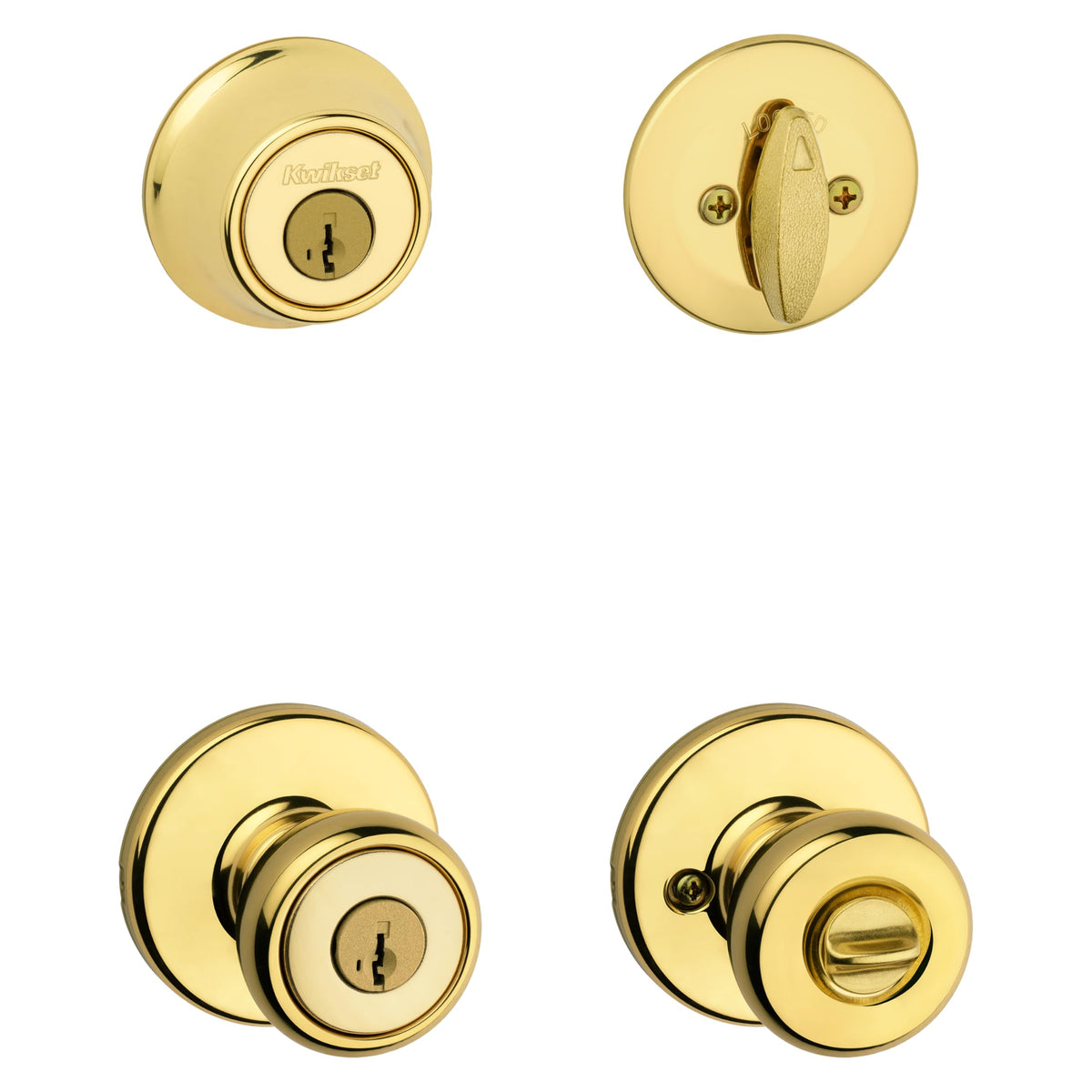 Kwikset Tylo front door lock handle offers secure entry with a polished brass finish.