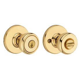 Kwikset Tylo polished brass finish exterior knob highlighting classic design