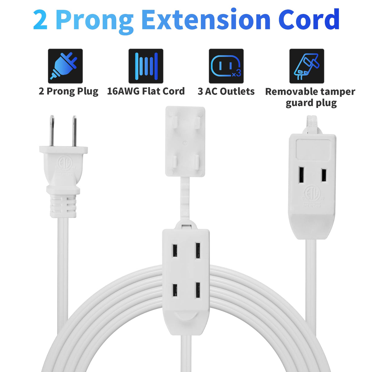 Kxable three-outlet extension cord showing front and back receptacles