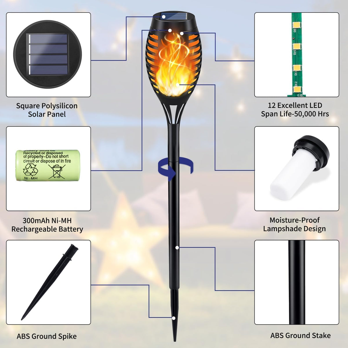 KYEKIO solar flame torch light package includes stakes and manual for quick setup