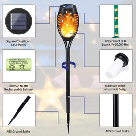 KYEKIO solar flame torch light package includes stakes and manual for quick setup