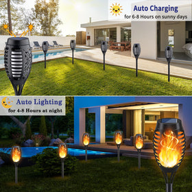 KYEKIO solar torch lights arranged along a garden path for ambient glow.