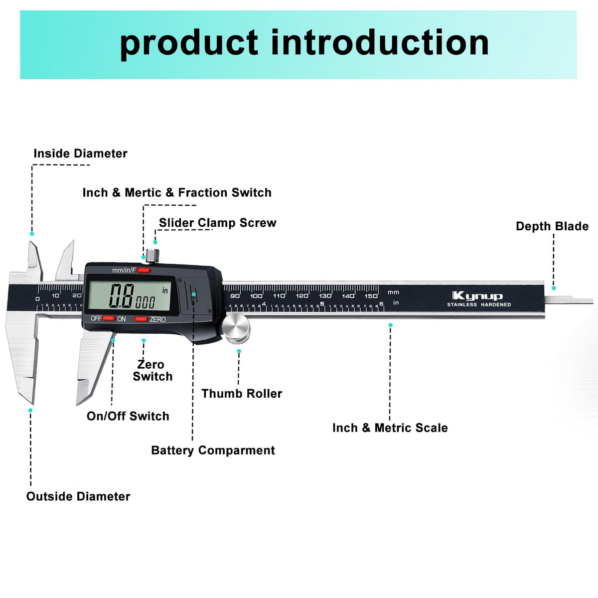 Kynup digital caliper with stainless steel body for durable use
