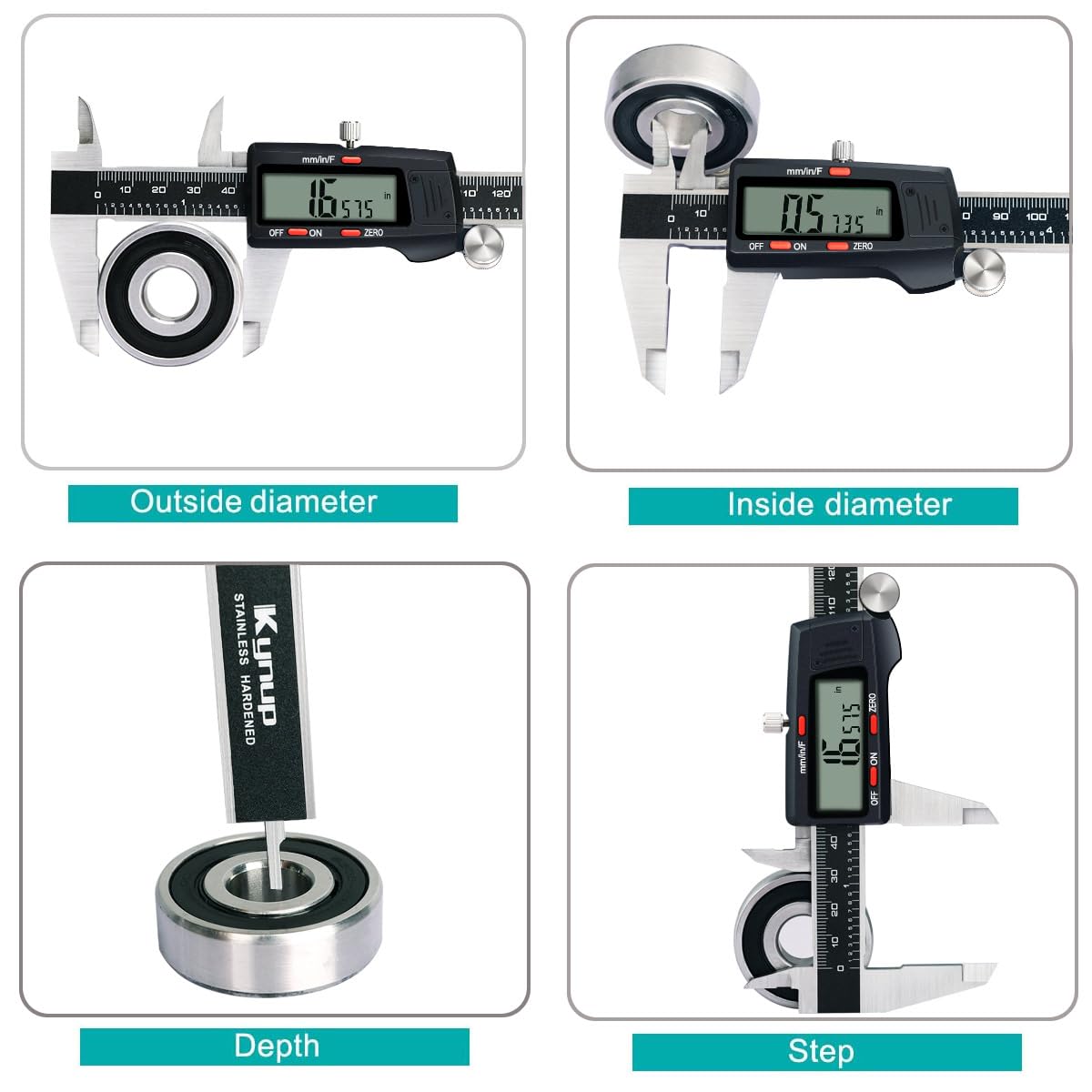 Kynup digital caliper with two jaws and probe for depth and internal measurement
