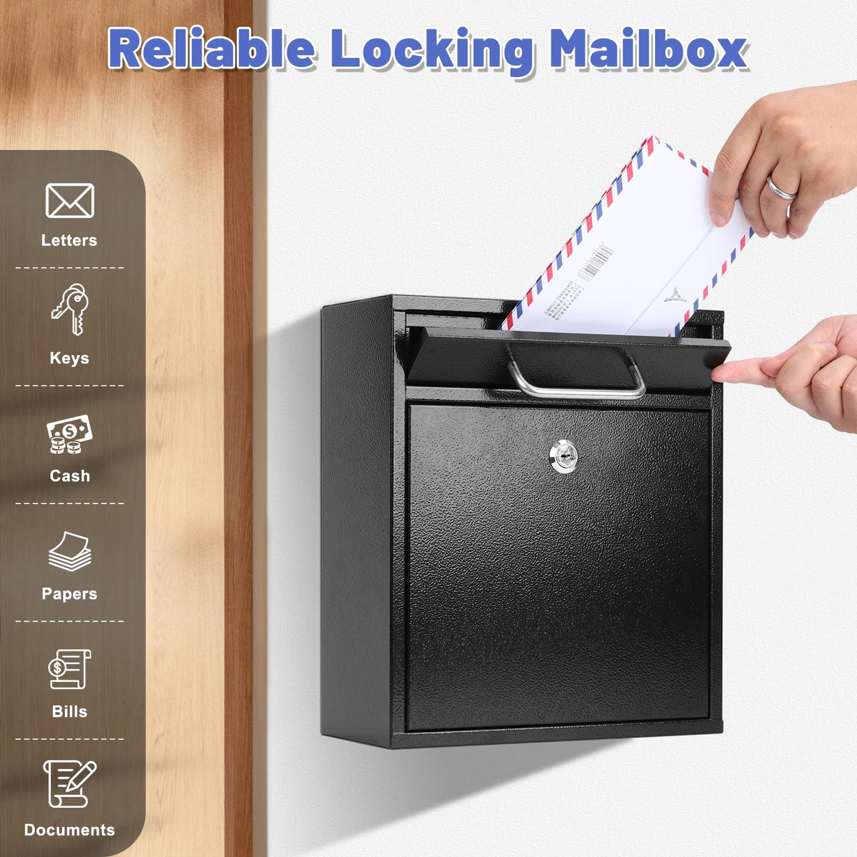 KYODOLED key lock detail emphasizes reliable security for mail and documents.