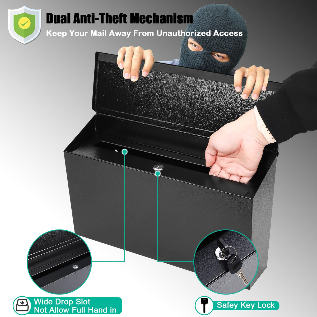 KYODOLED locking wall mount mailbox drop slot focus enables bulk mail handling.