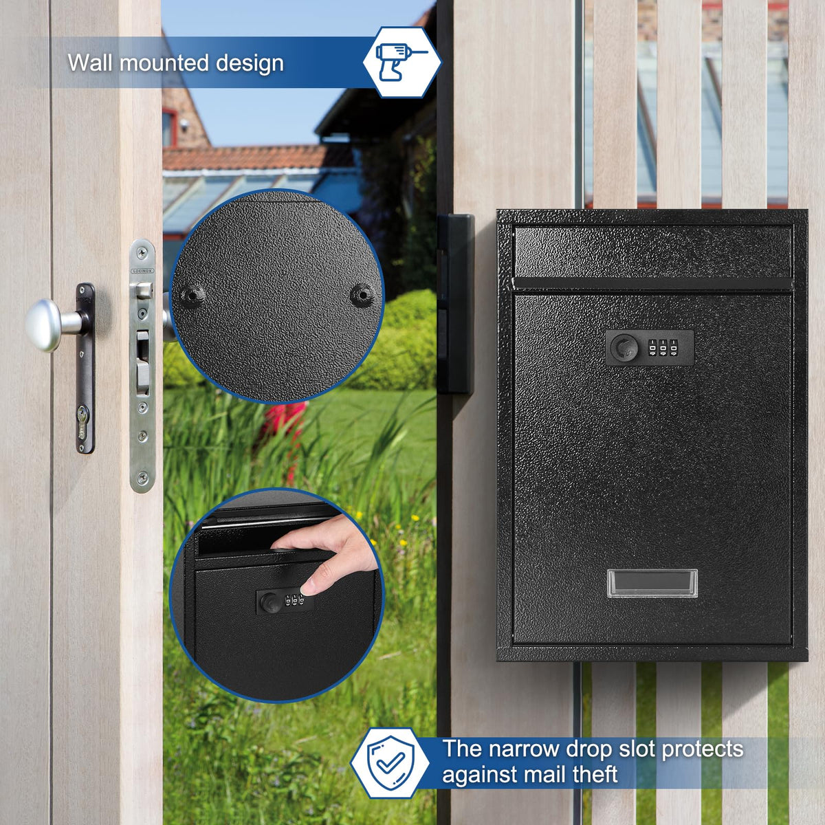 KYODOLED locking wall-mount mailbox weather-resistant finish provides durable outdoor performance