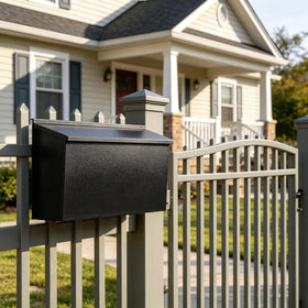 Front view of black KYODOLED outdoor mailbox showing sturdy design